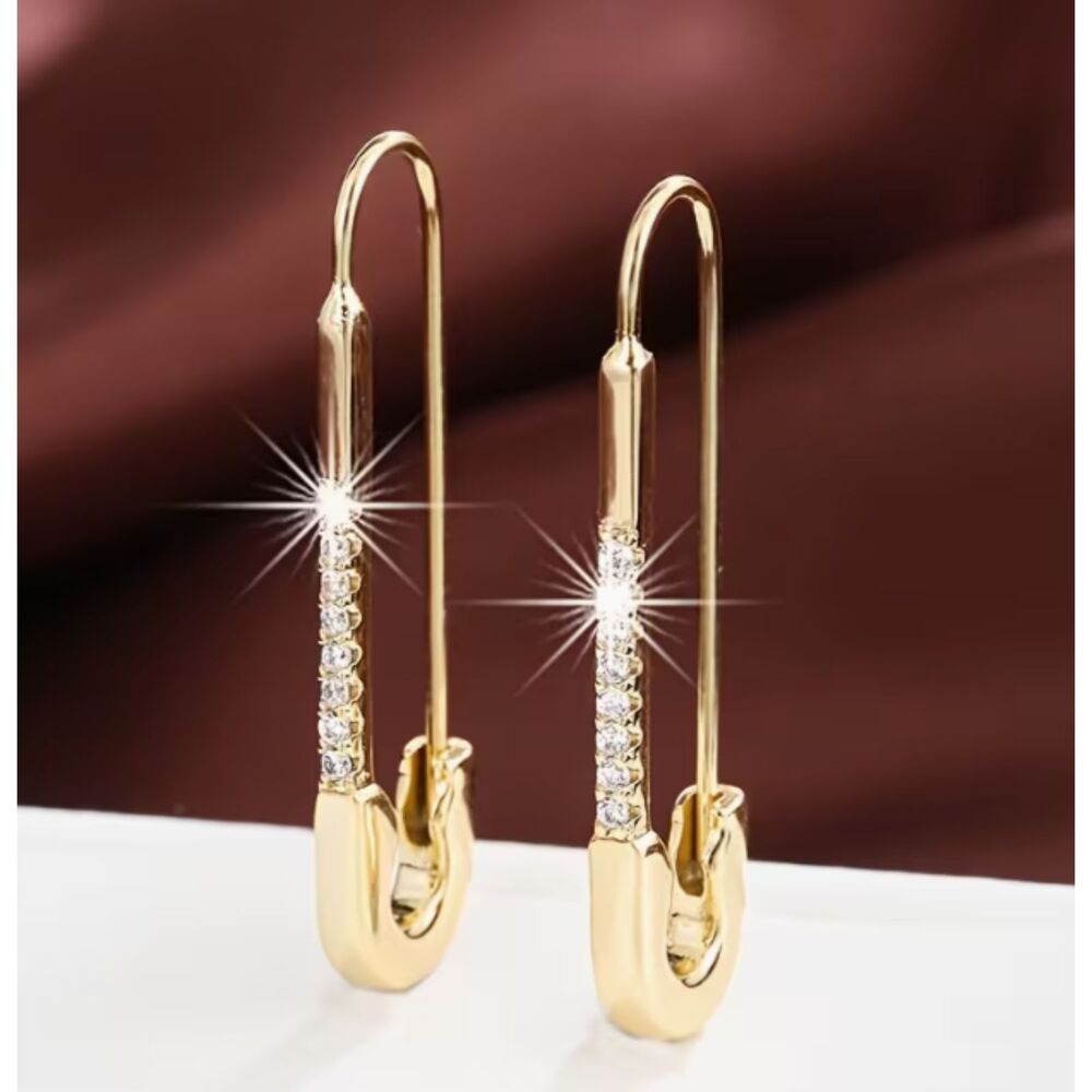 Gold & Clear Crystals Safety Pin Earrings 1.38" Popular
